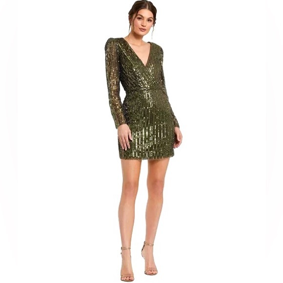 MAC DUGGAL Sequin Beaded Stripe Long Sleeve Green Cocktail Dress NEW Size 4